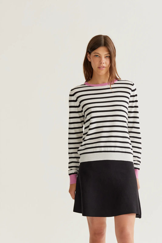 Knitted sweater with black and white striped print