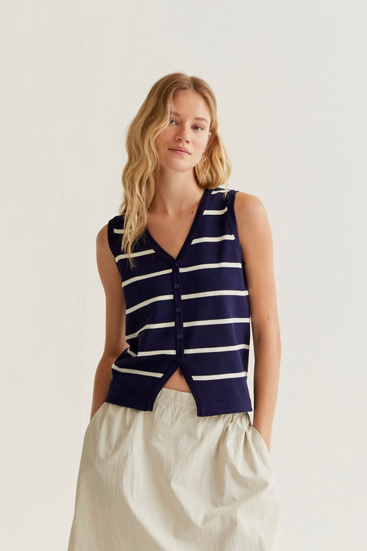 Knitted vest with navy and white striped print