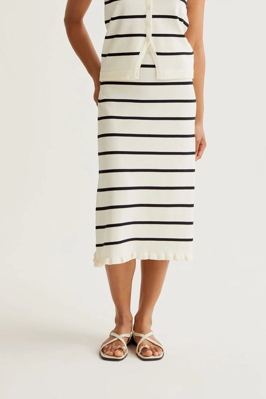 Black and white striped knit midi skirt