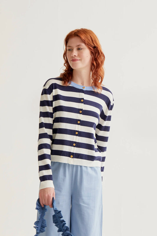 Soft knit cardigan with white and navy striped print