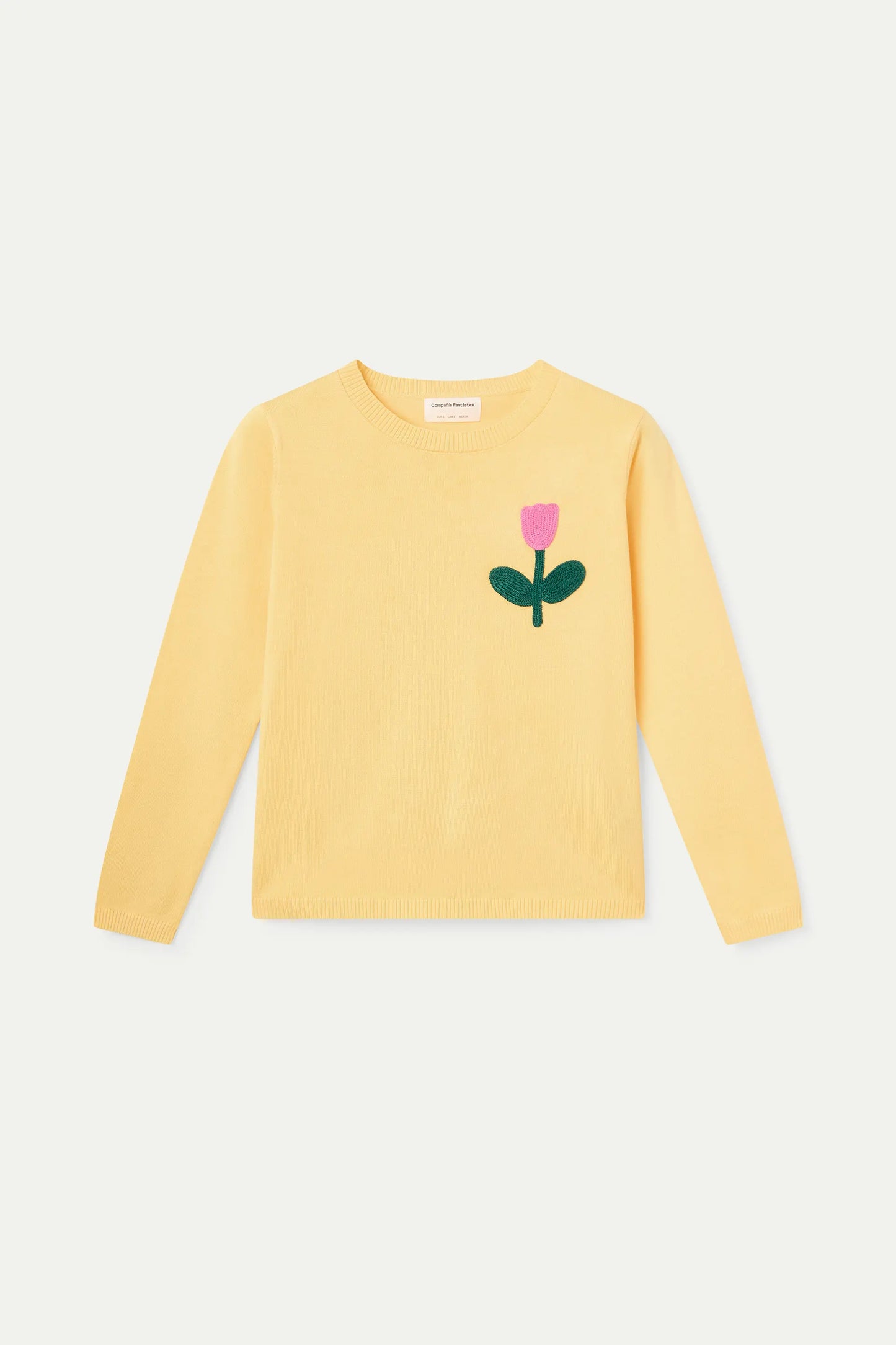 Jersey punto amarillo con bordado de tulipán rosado