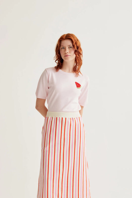 Pink knit top with watermelon embroidery