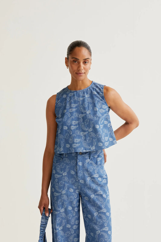 Blue denim top with paisley print