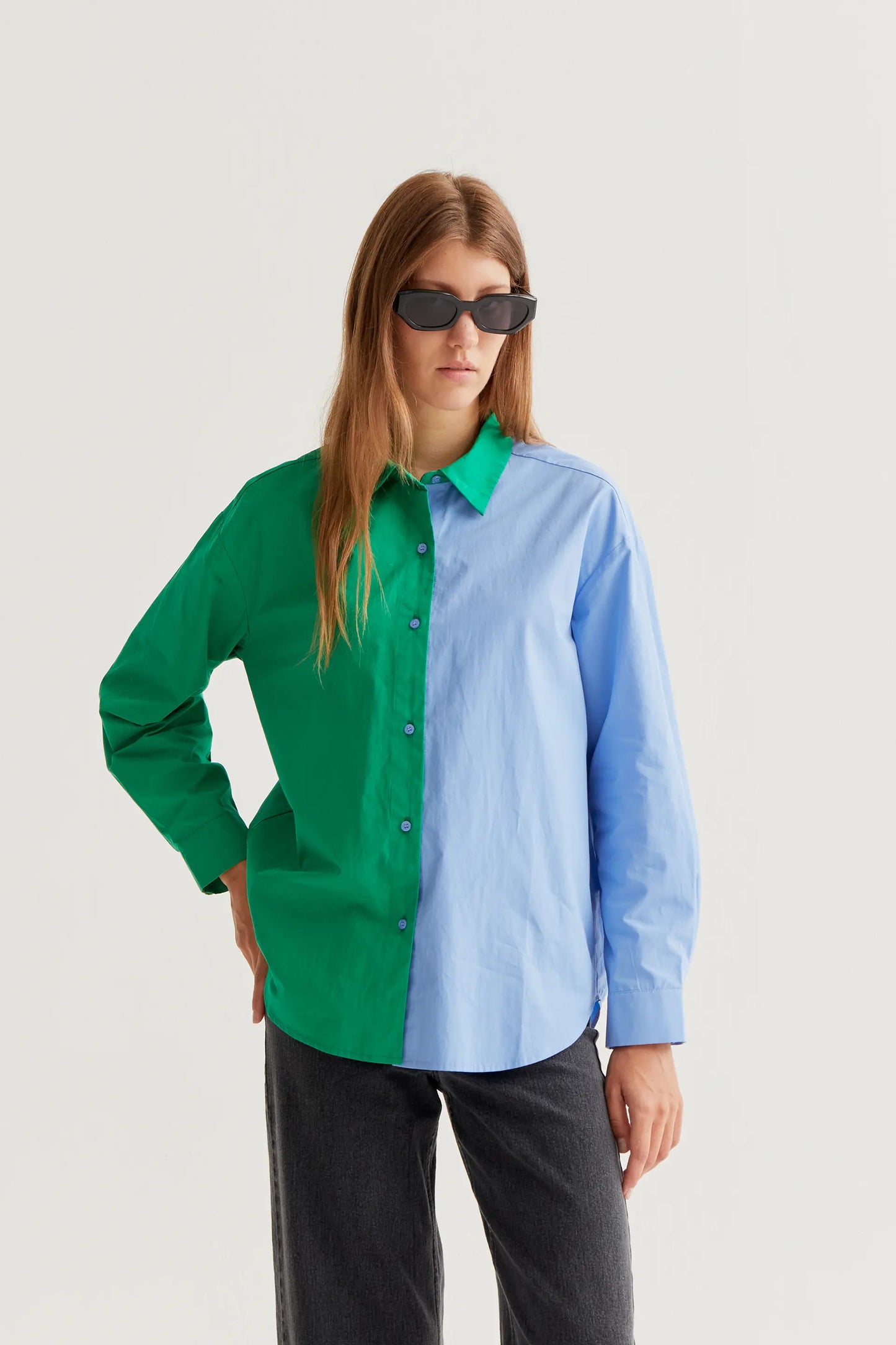 Two-tone green and blue 100% cotton shirt