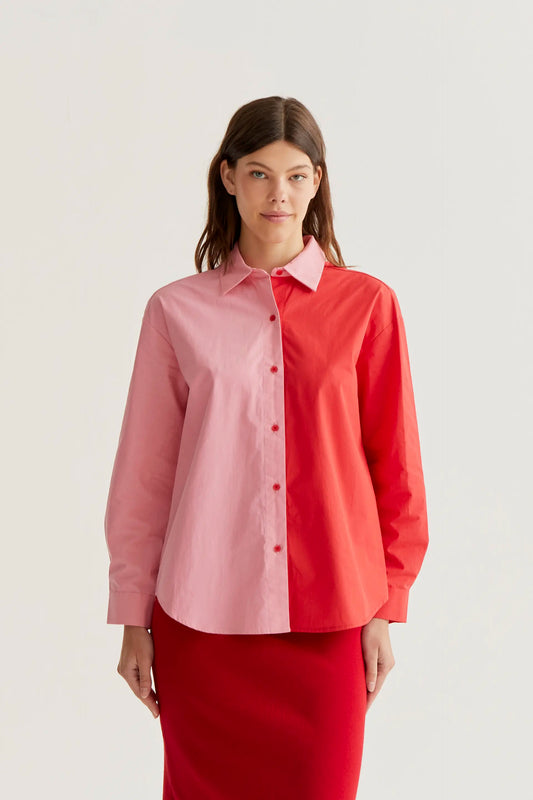 100% cotton two-tone shirt, pink and red