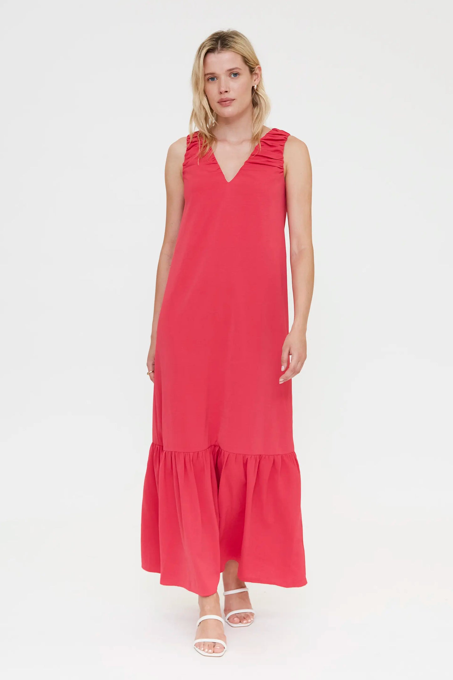 Abito lungo fucsia con scollo a V