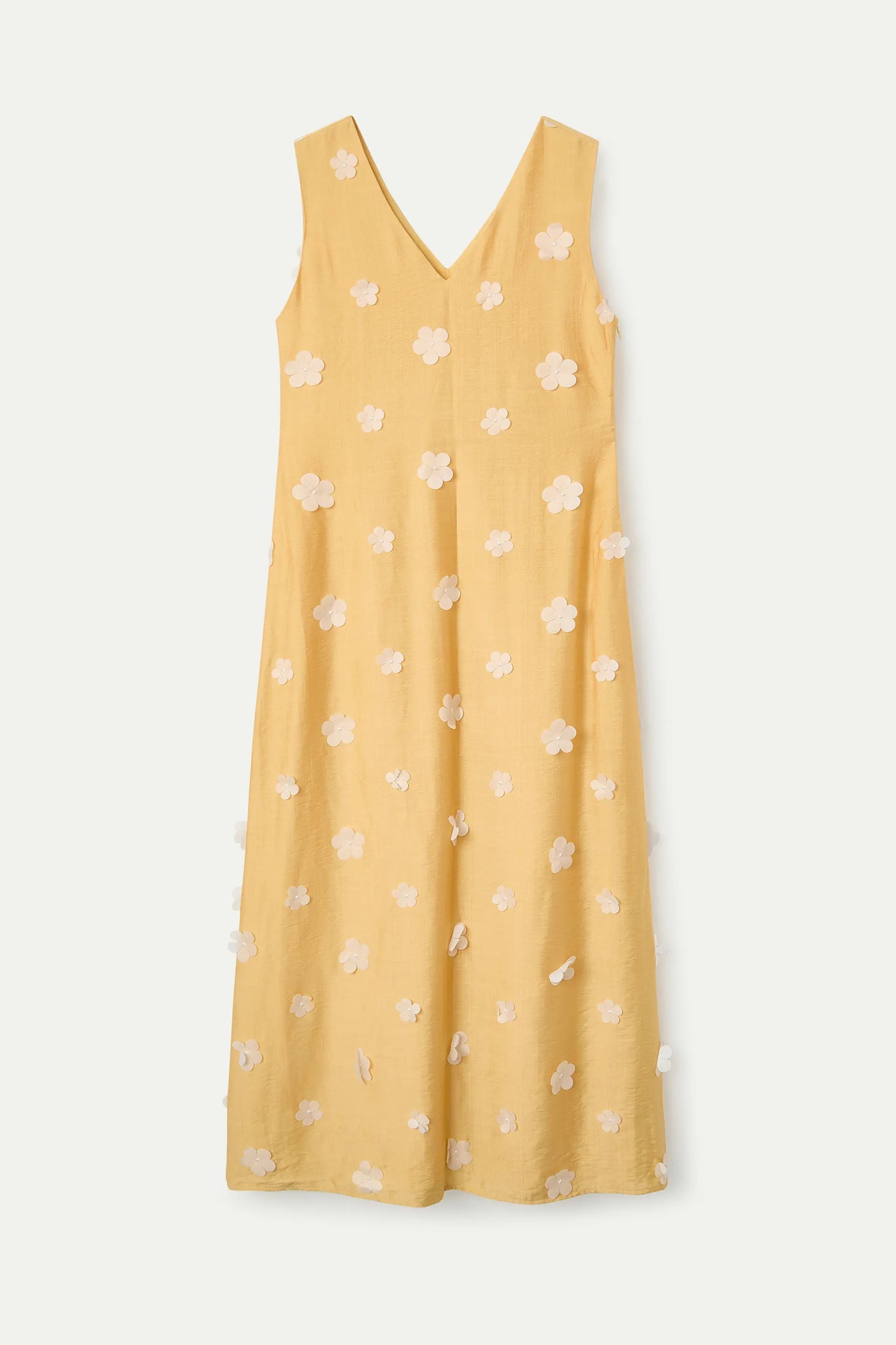 Abito lungo giallo chiaro con ricami floreali
