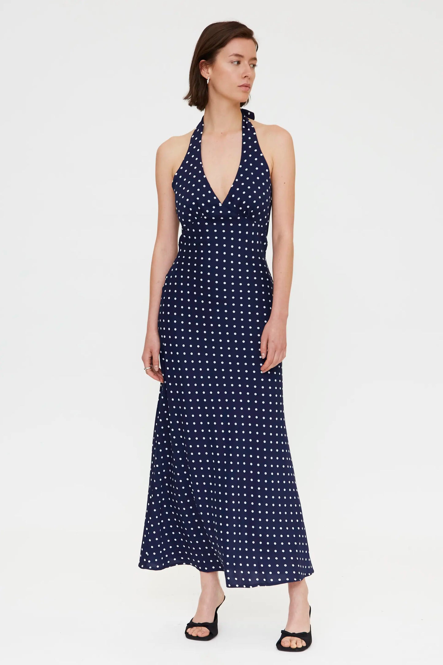 Abito midi blu navy con stampa a pois
