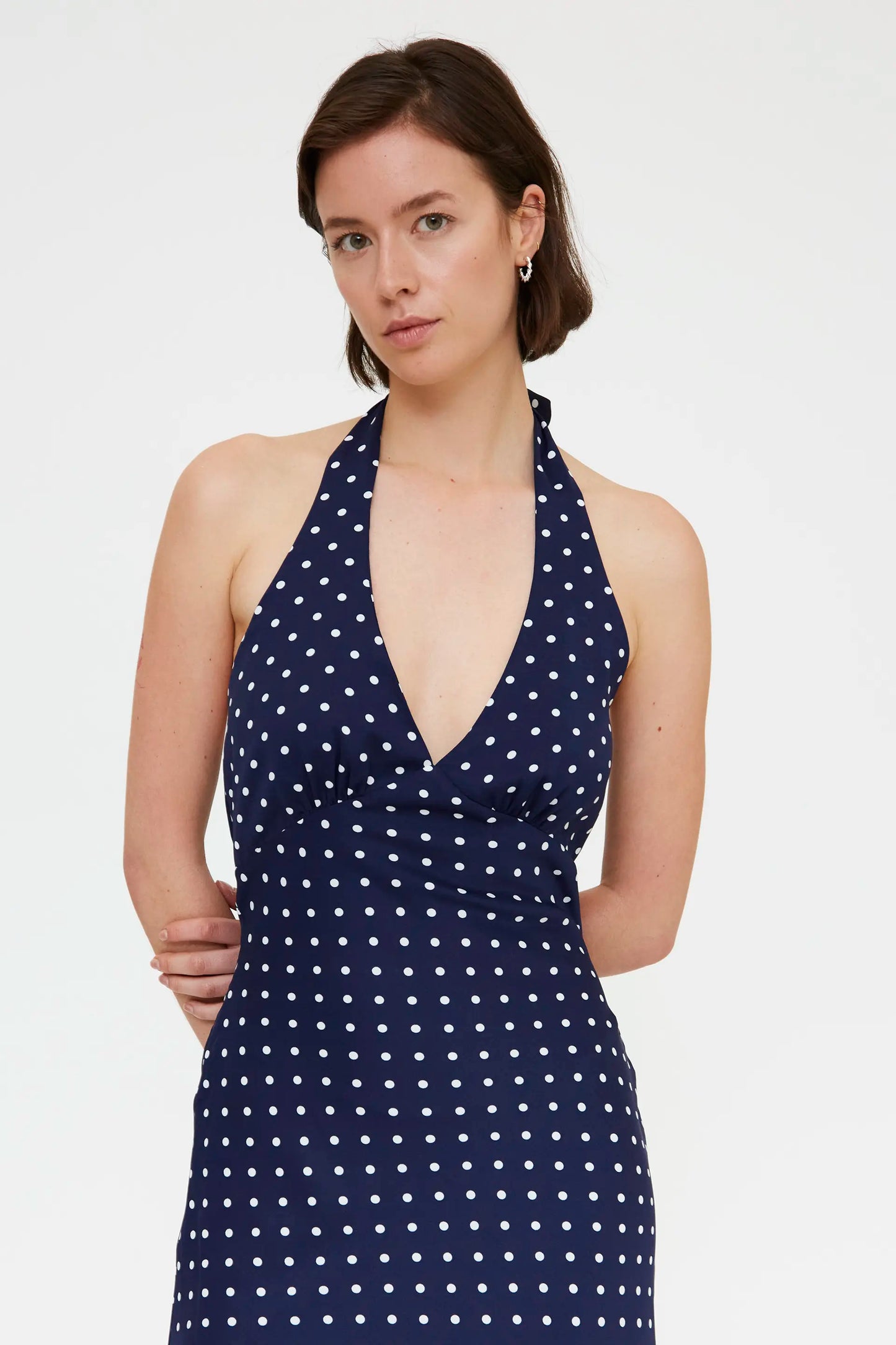 Abito midi blu navy con stampa a pois