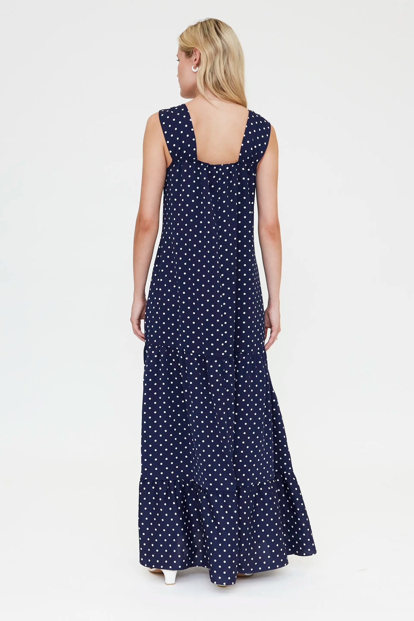 Abito lungo con stampa a mini pois blu navy