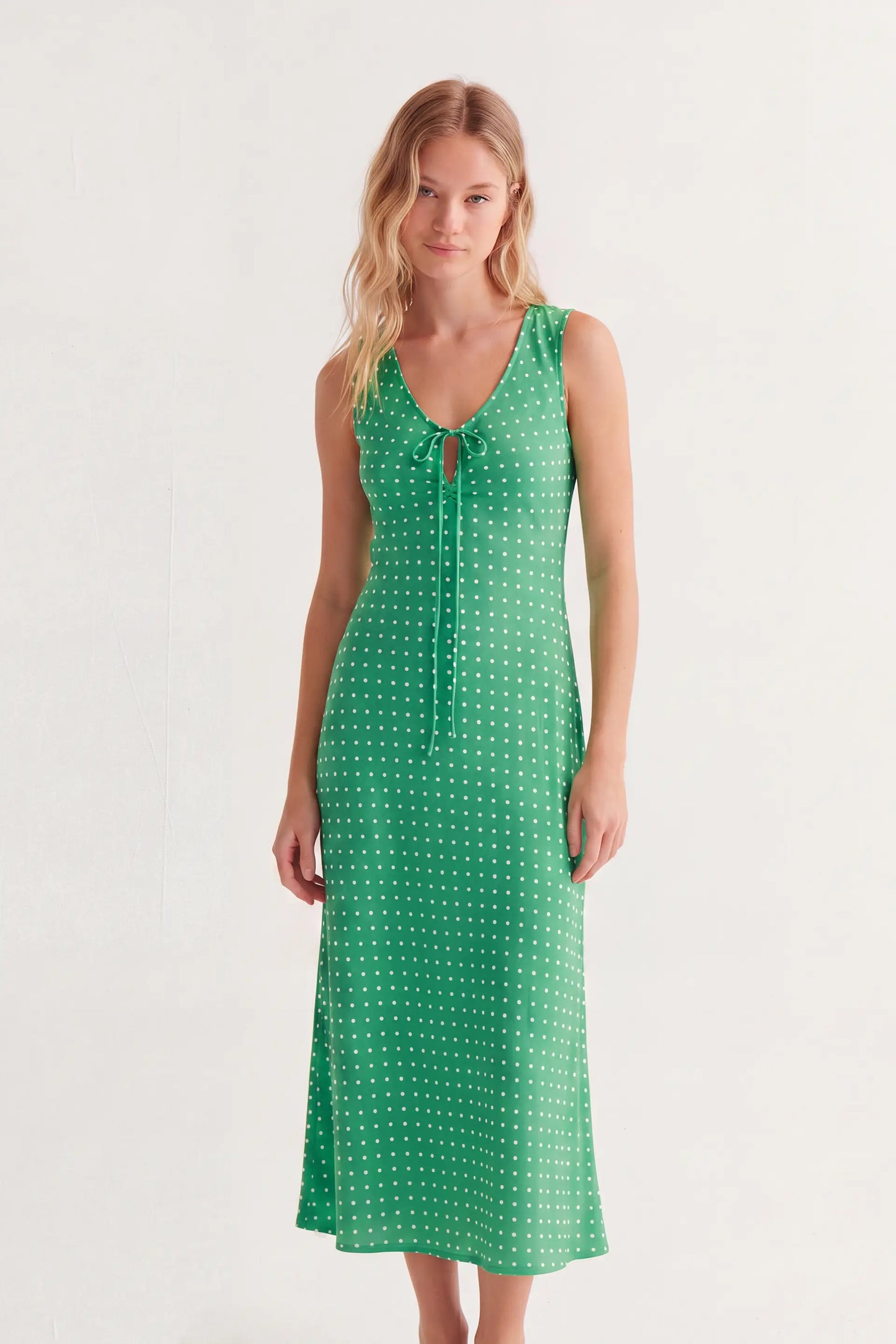 Vestido largo con estampado mini dots verde