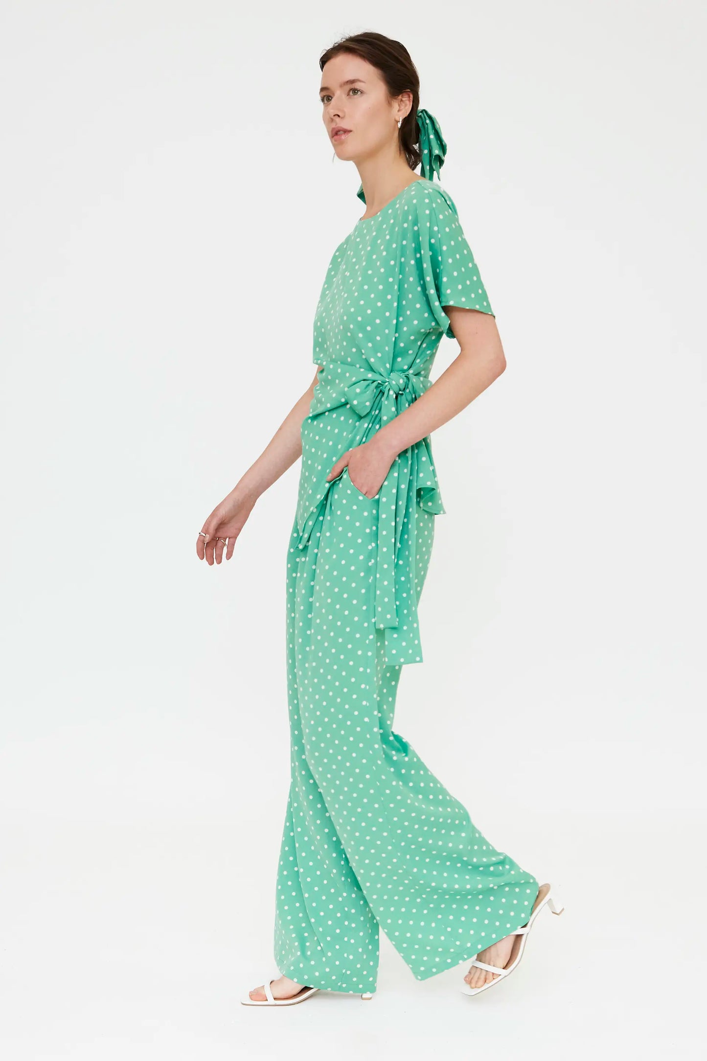 Pantaloni con stampa a mini pois verdi