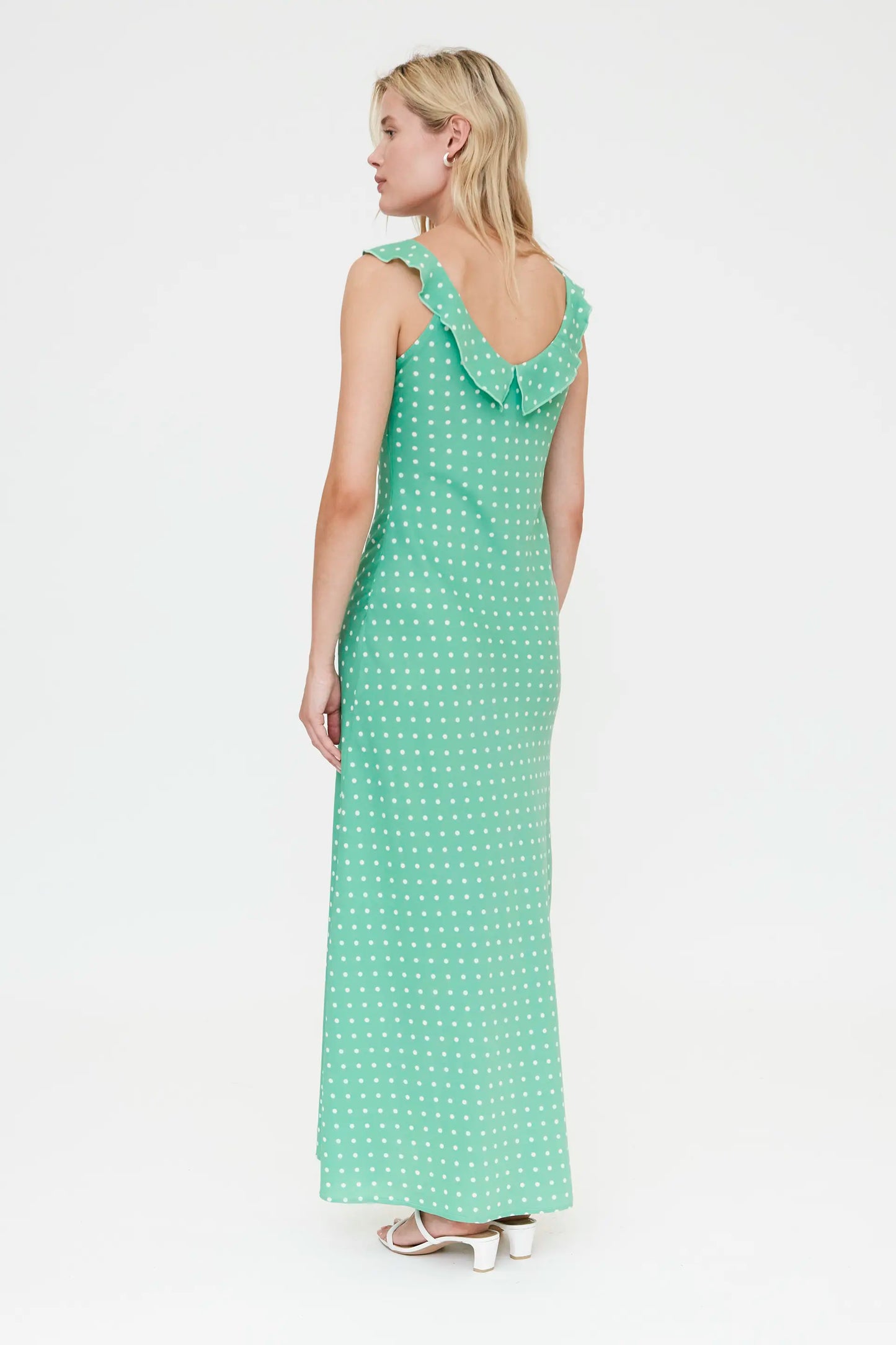 Abito lungo con stampa a mini pois verdi