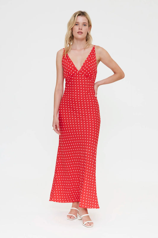 Vestido largo con estampado mini dots rojo