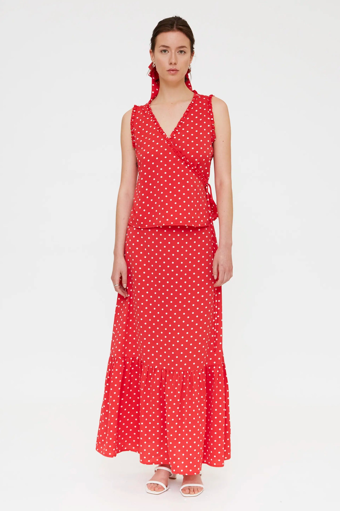 Falda larga con estampado mini dots rojo