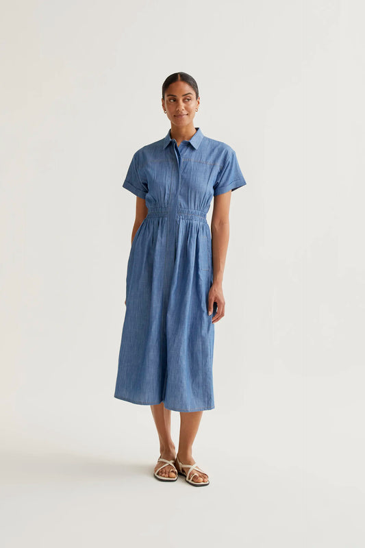 Light blue chambray 100% cotton midi dress with short sleeves
