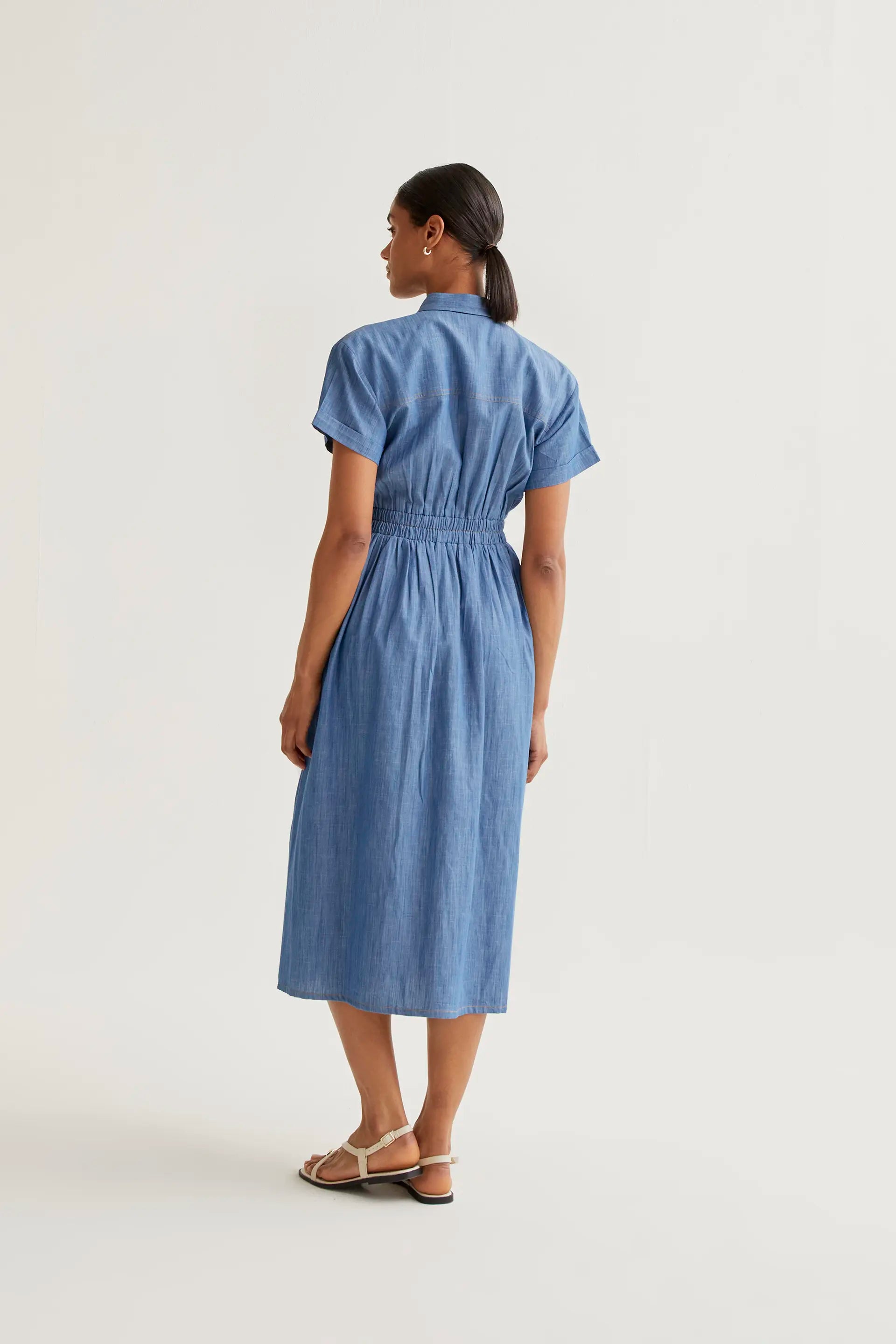 Light blue 100% cotton chambray midi dress