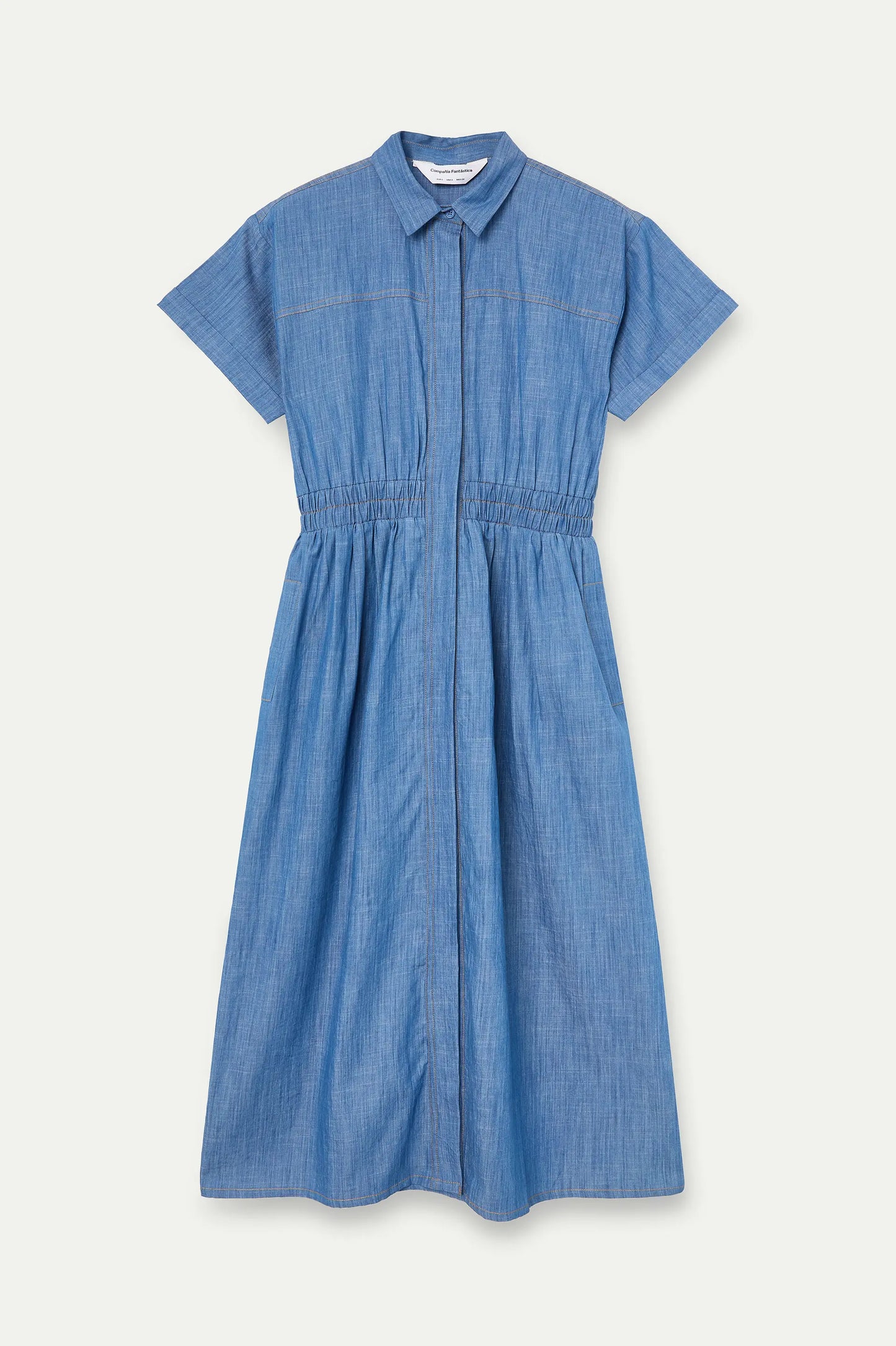 Light blue chambray 100% cotton midi dress with short sleeves