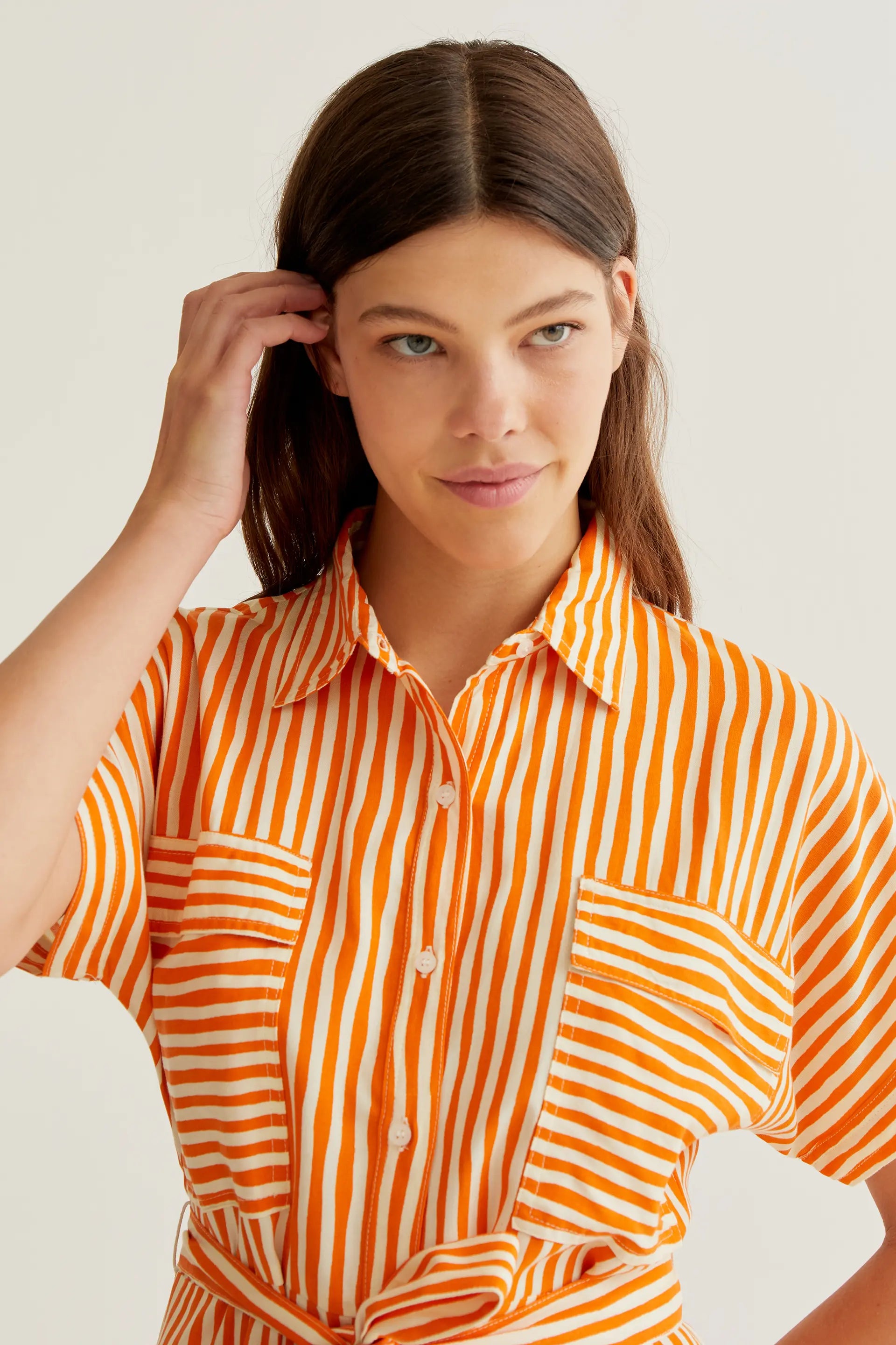 orange and white striped shirt dress Solara Orange Print + Stripe Dress shop chartreuse