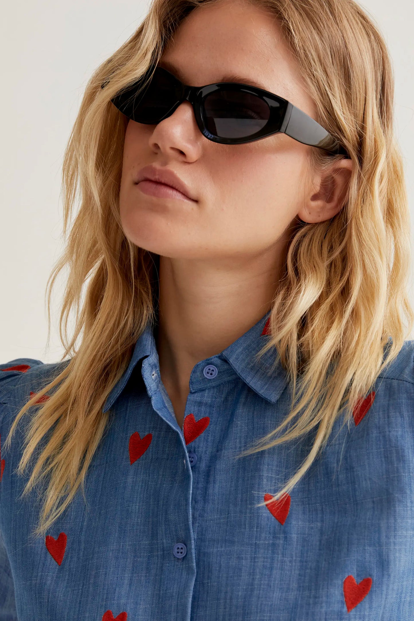 100% cotton chambray shirt with embroidered hearts