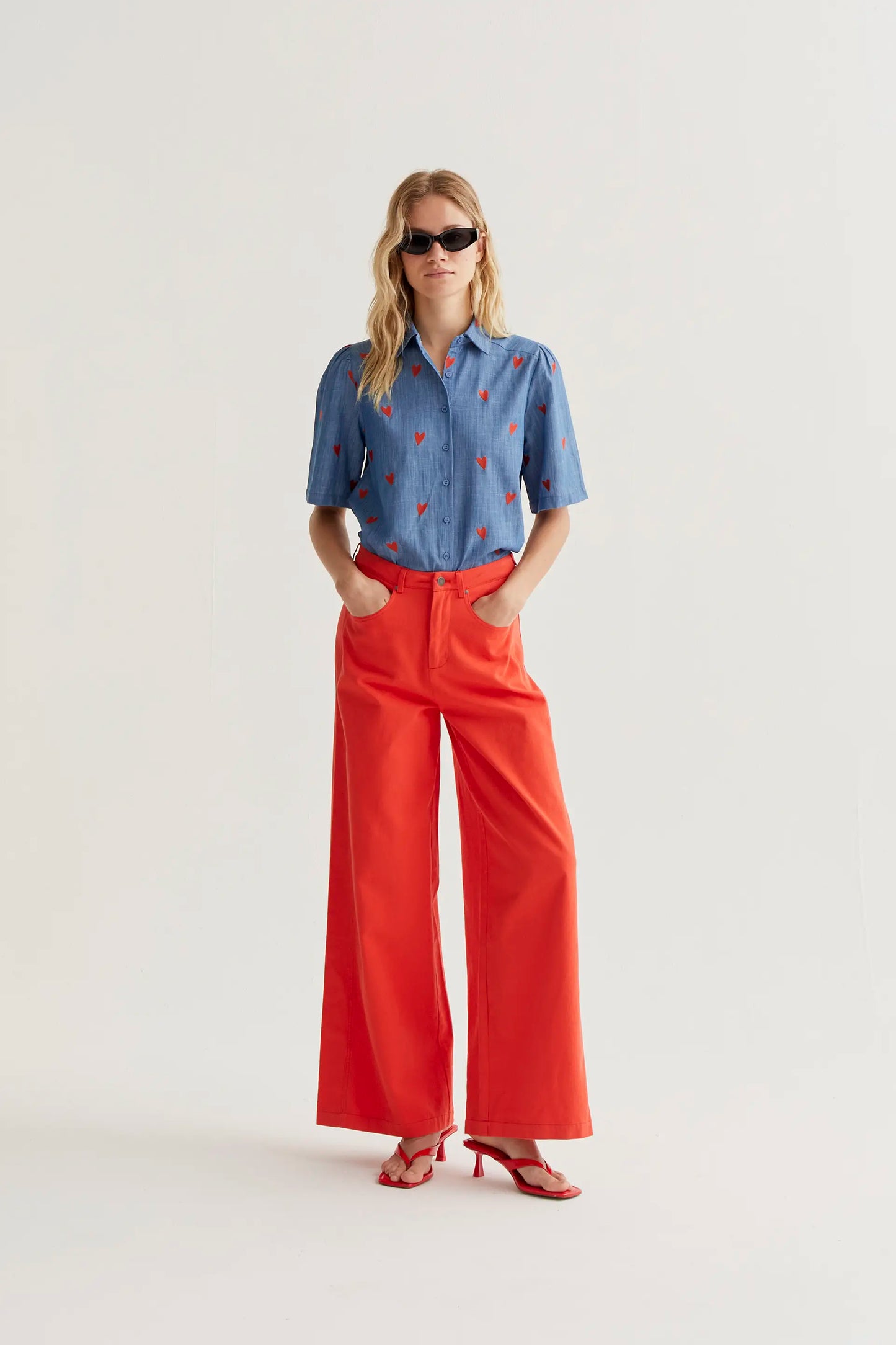 100% cotton chambray shirt with embroidered hearts