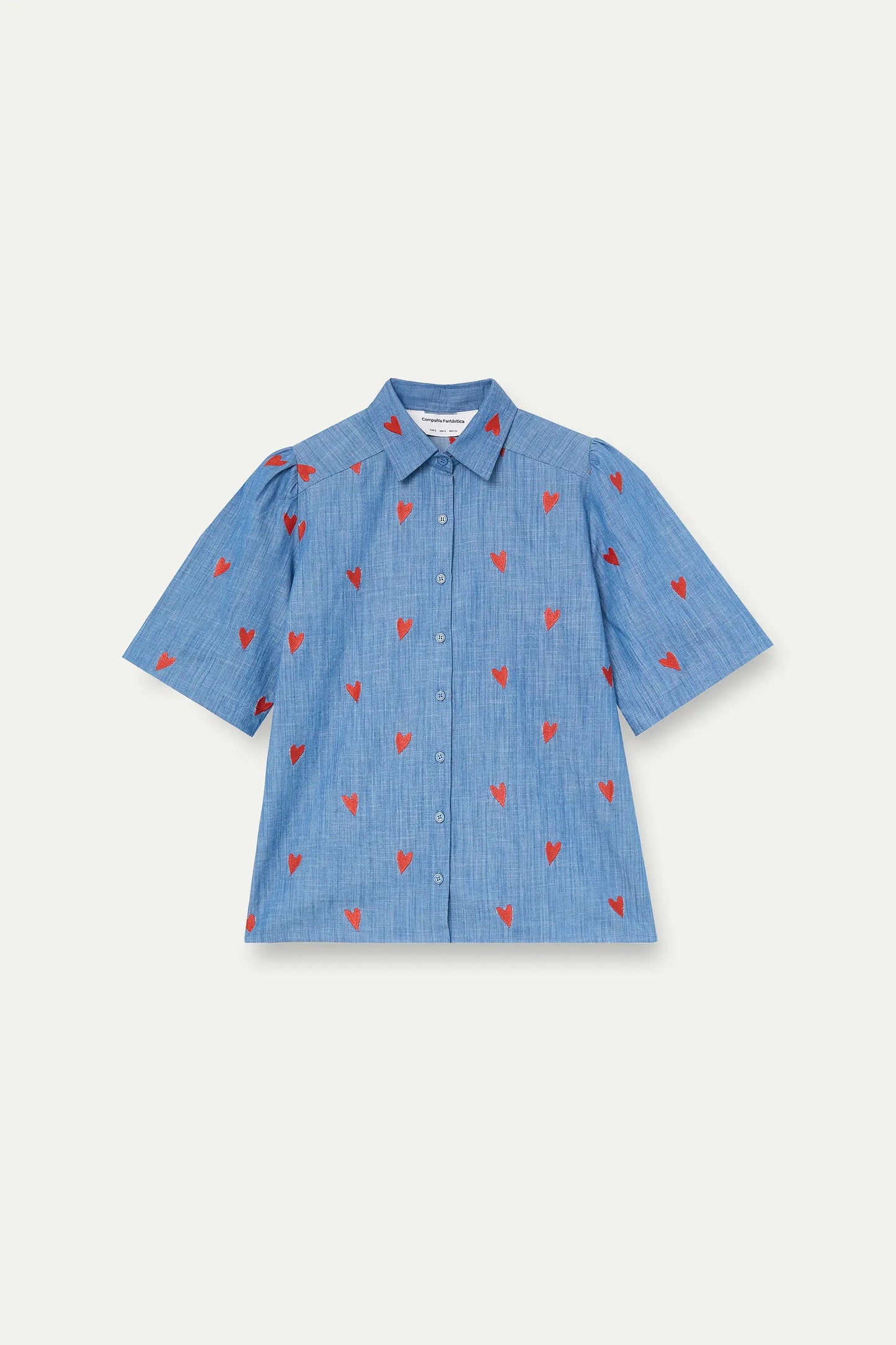 100% cotton chambray shirt with embroidered hearts