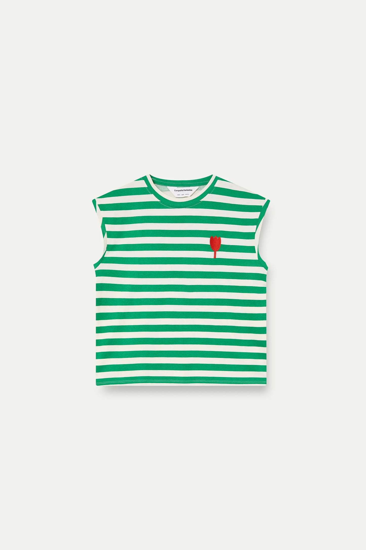 T-shirt with green striped print and tulip embroidery