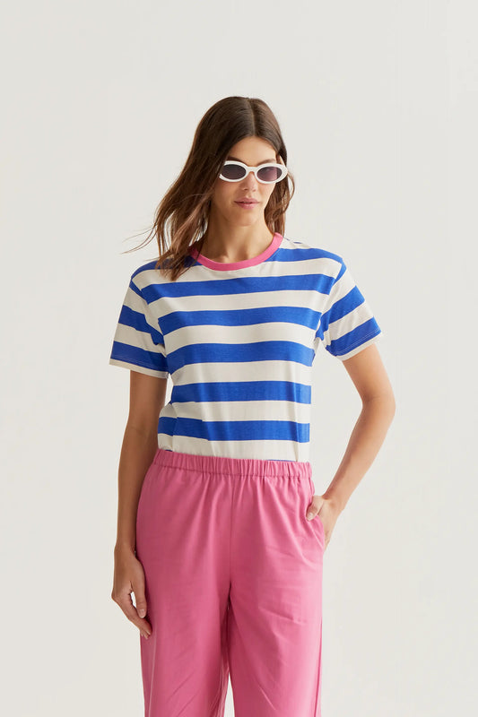 T-shirt with blue and white striped print