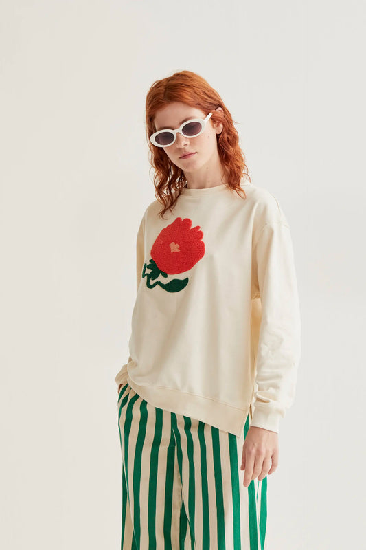 Sweatshirt with giant red flower embroidery
