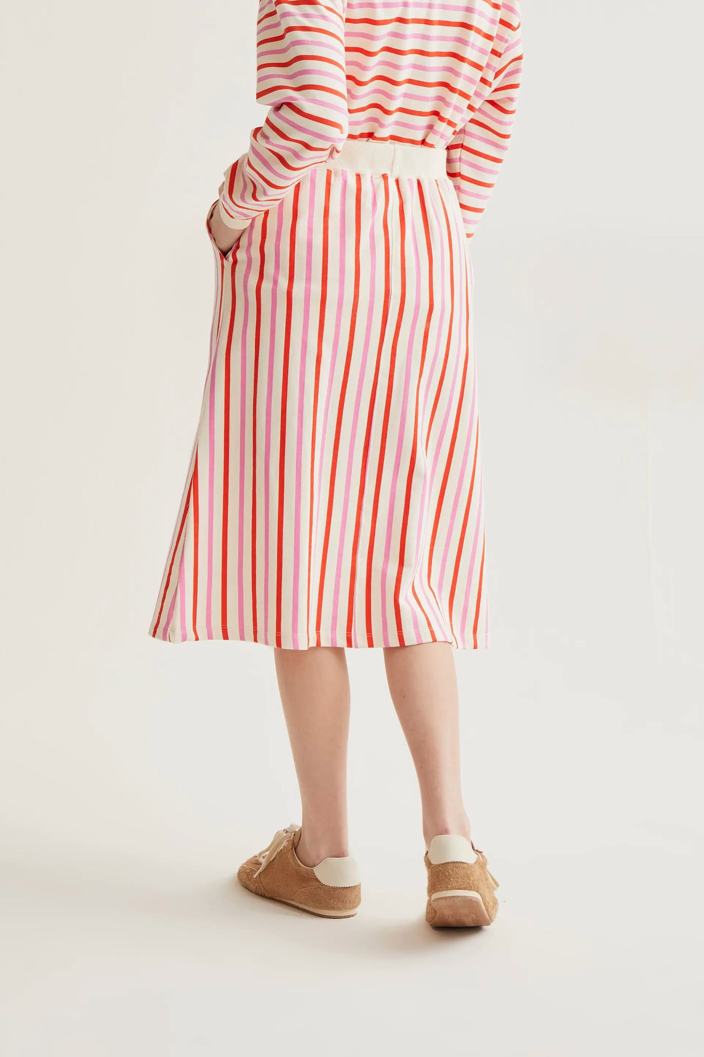 Midi skirt with pink and red striped print