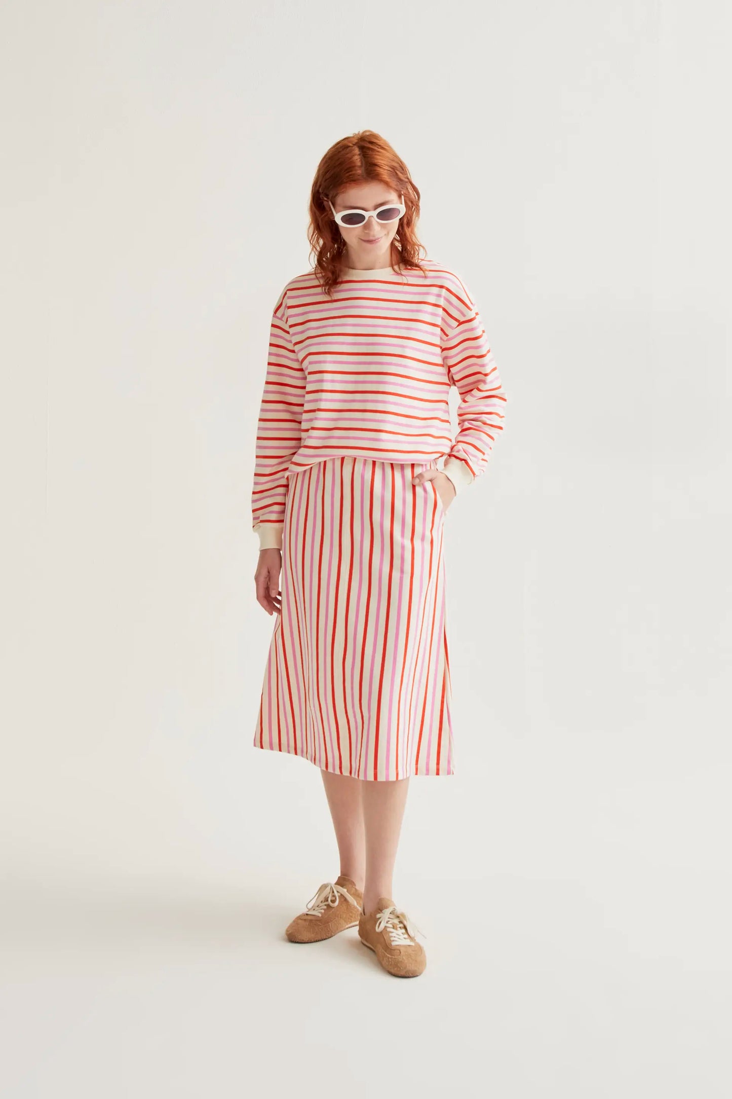 Midi skirt with pink and red striped print