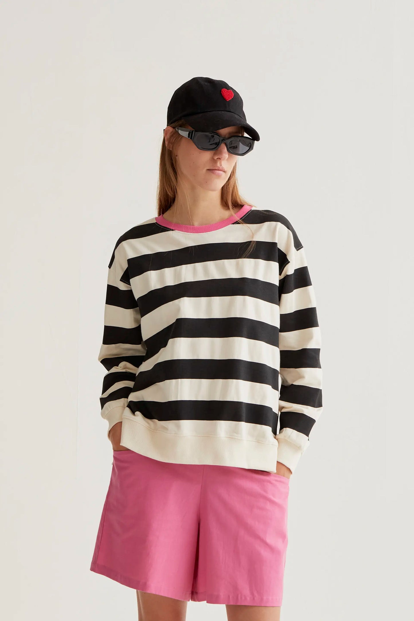 Sweatshirt with black and white striped print