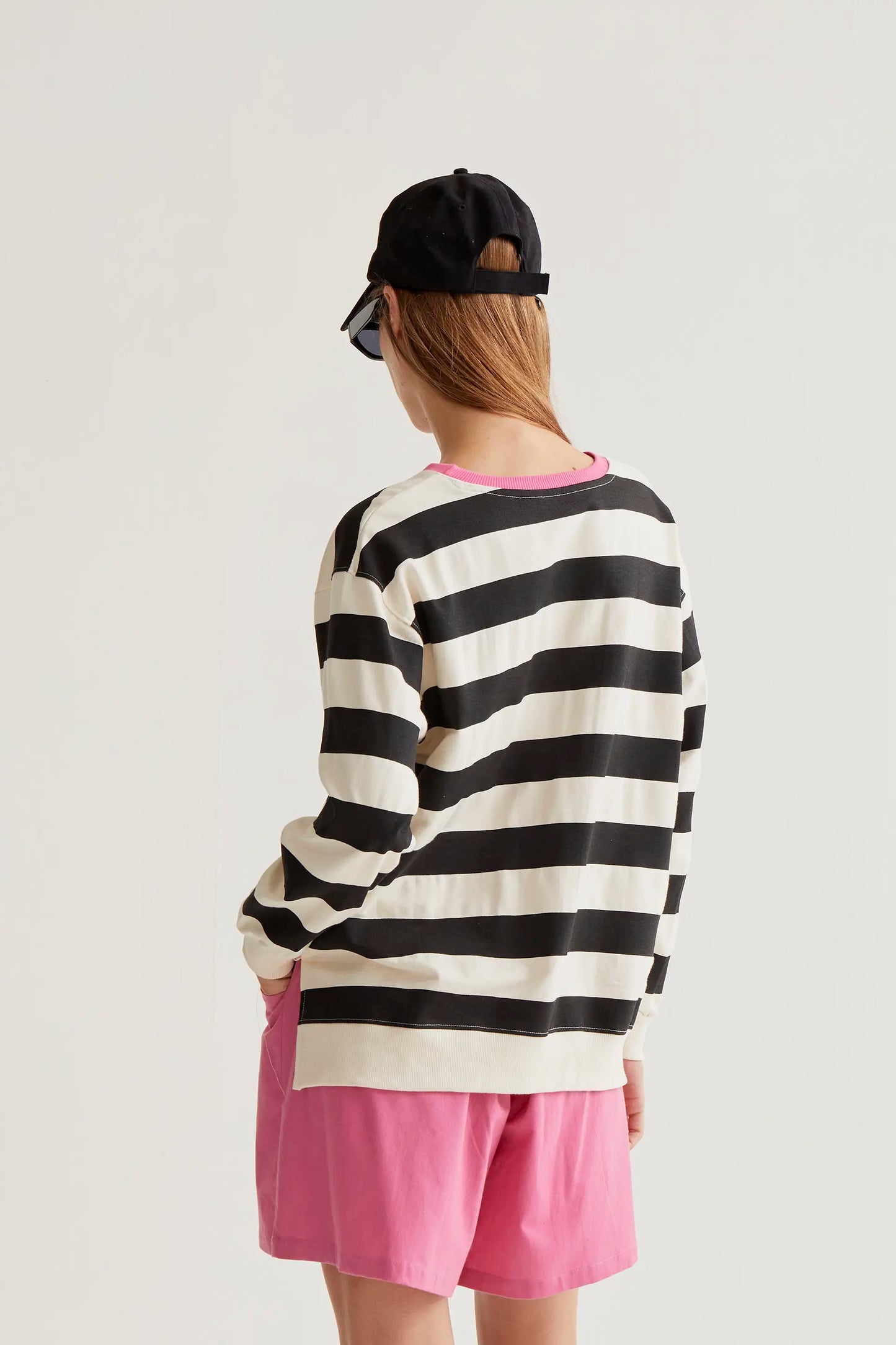 Sweatshirt with black and white striped print