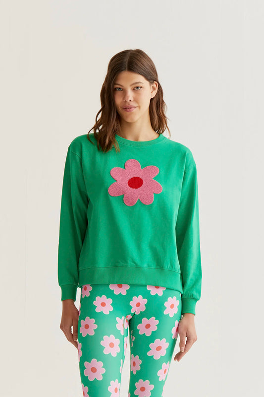 Sudadera con bordado de flor gigante rosa
