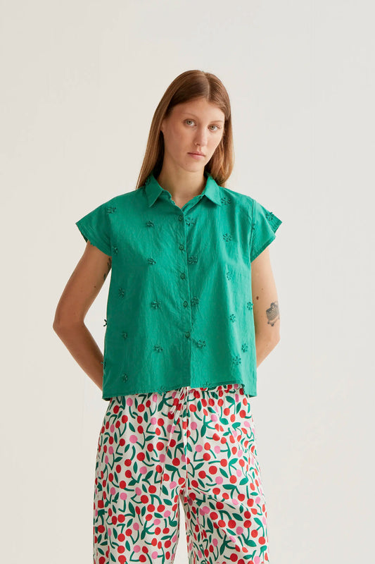 100% cotton green shirt with floral embroidery