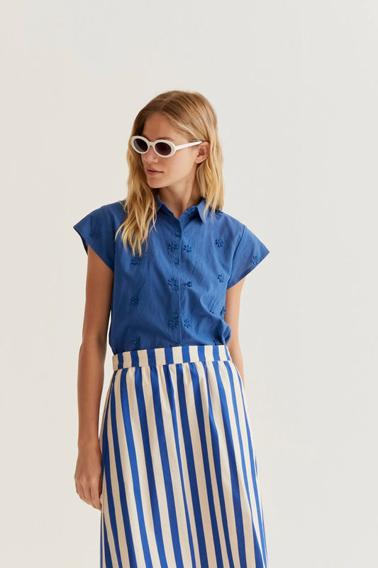 100% cotton blue shirt with floral embroidery