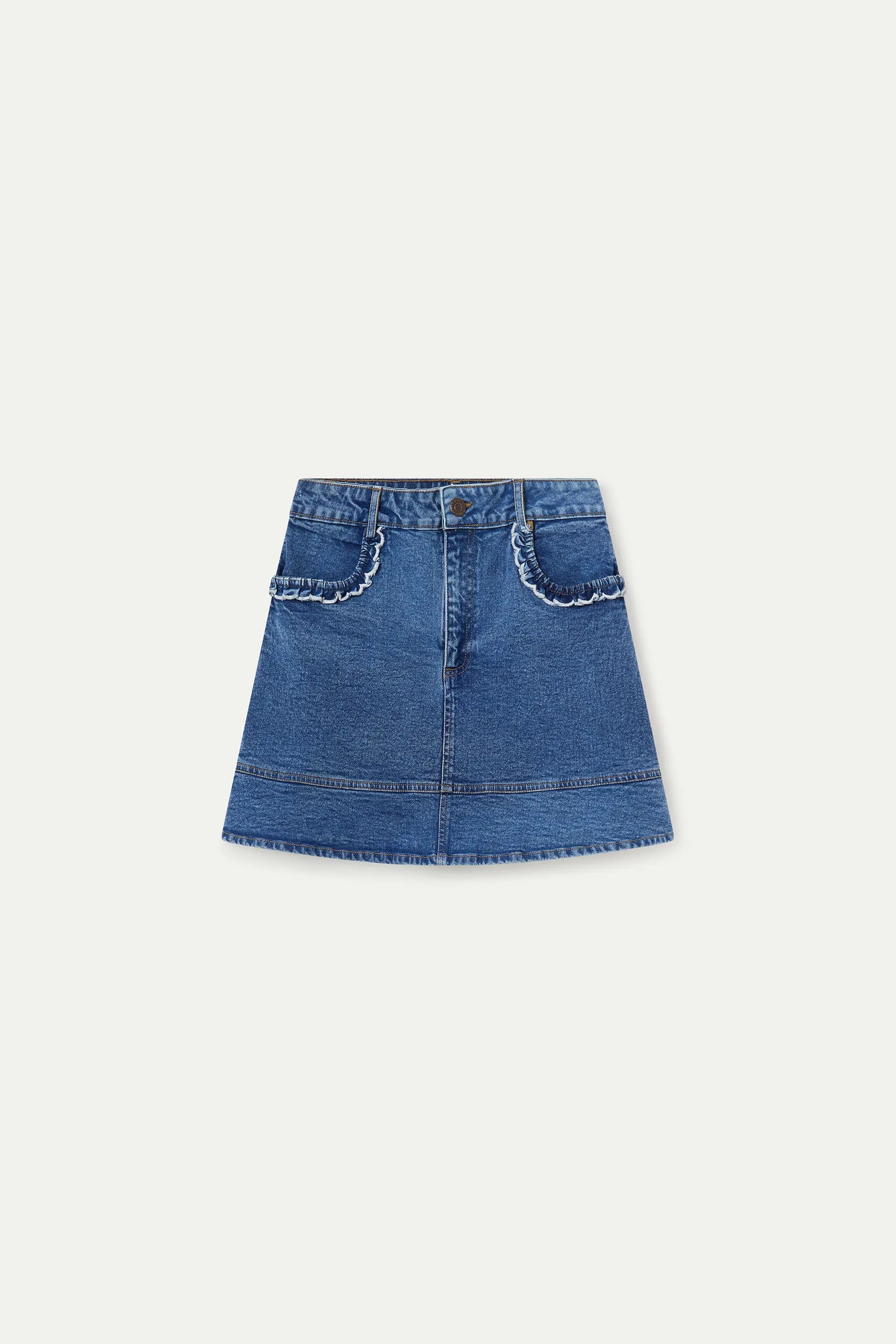 Blue denim skirt with ruffle detail