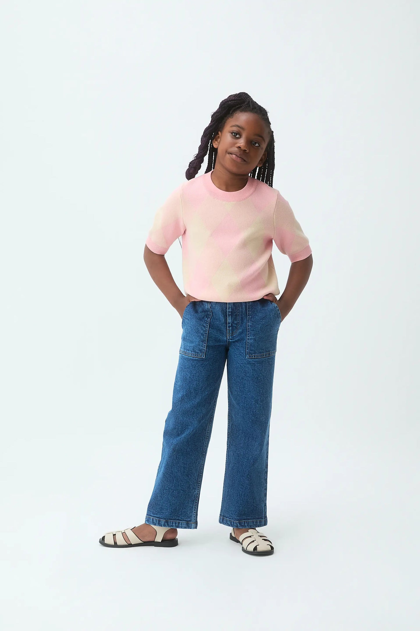 Maglione in maglia jacquard con diamanti rosa per bambina