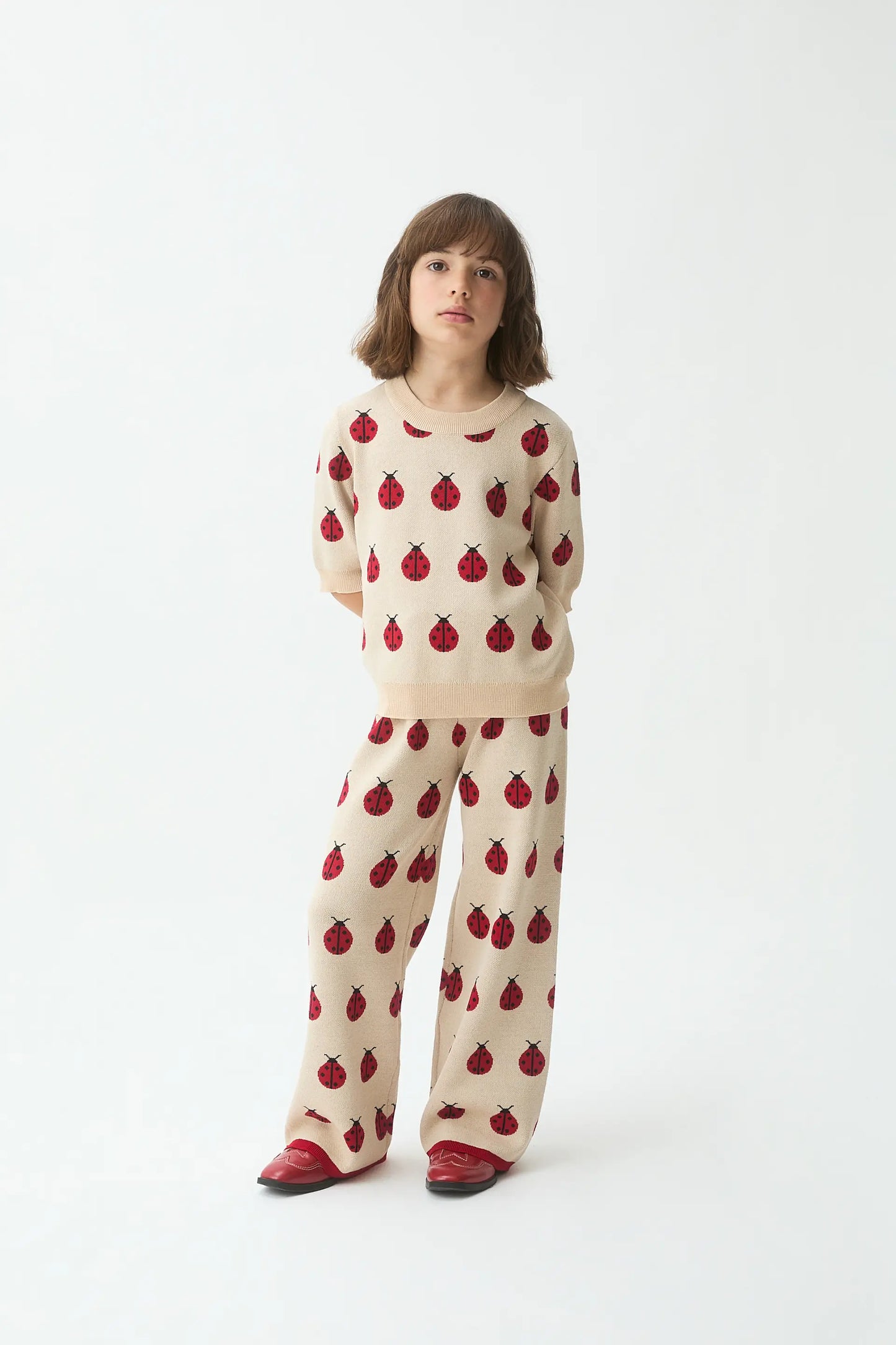 Pantaloni da bambina in maglia jacquard con stampa Red Coccinella