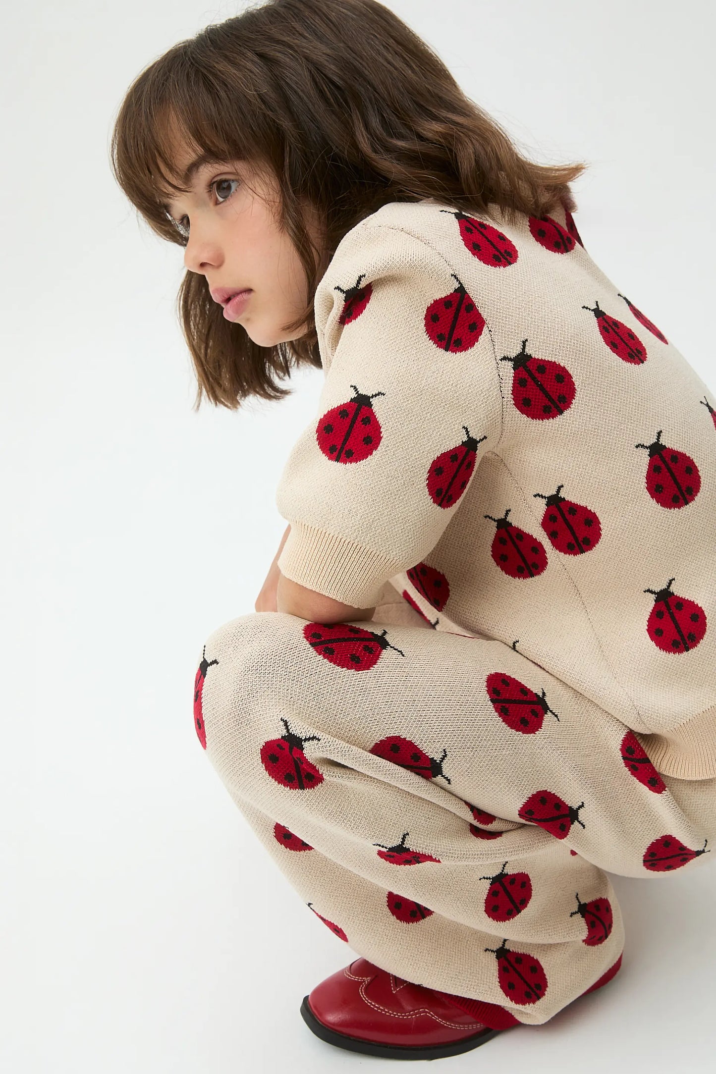 Pantaloni da bambina in maglia jacquard con stampa Red Coccinella