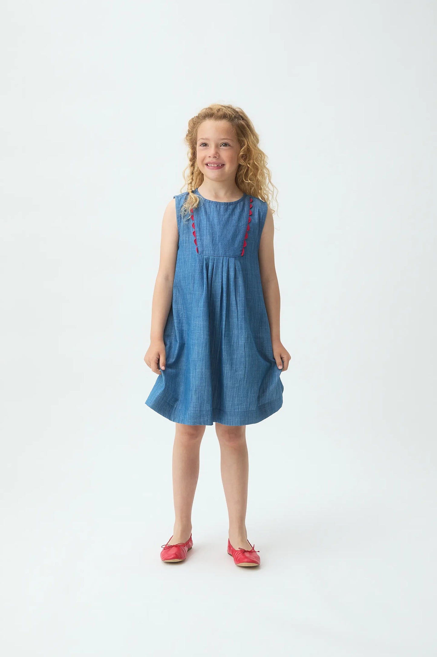Short dress for girls, 100% cotton chambray
