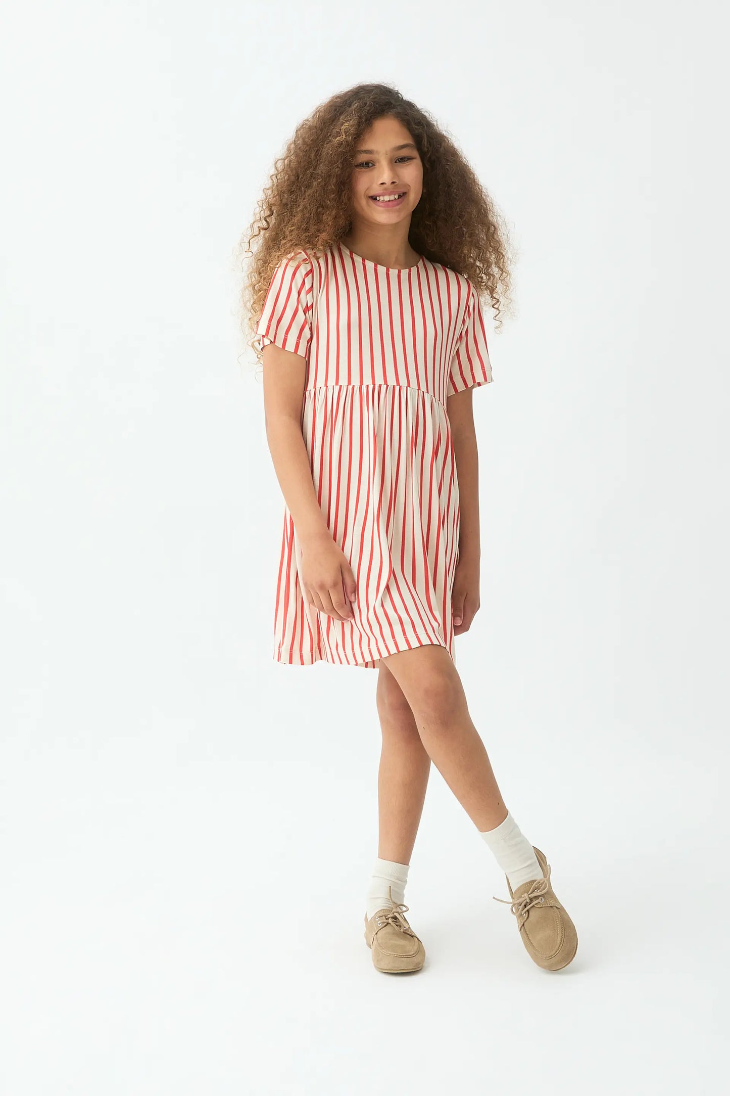 Abito corto per bambina con stampa a righe rosse