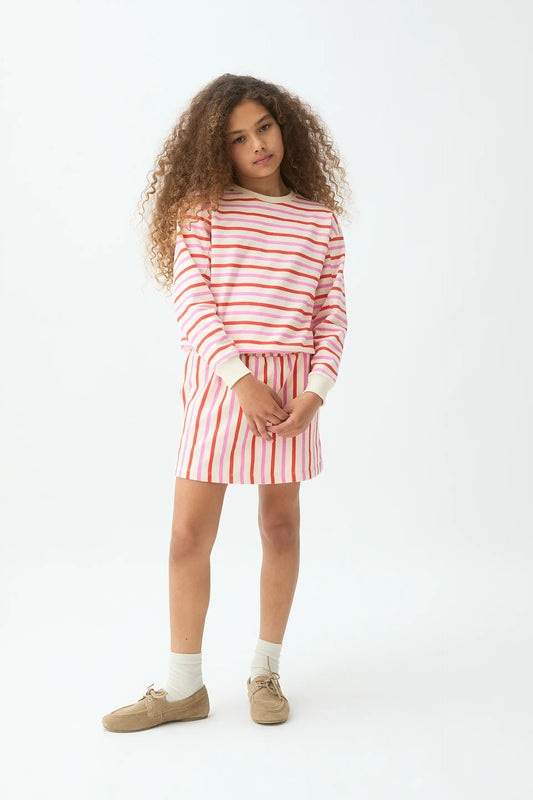 Falda corta de niña estampado de rayas rosa y rojo