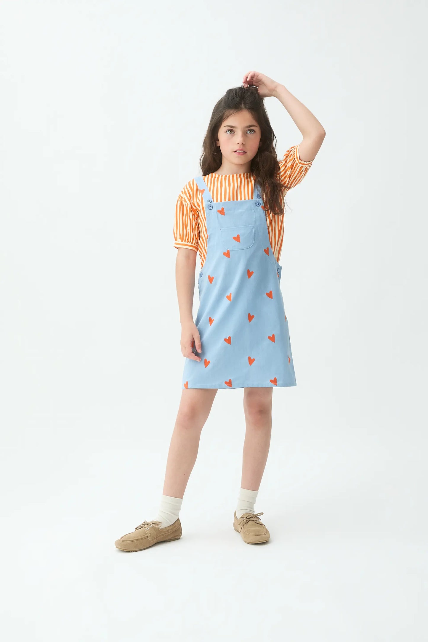 Girls' pinafore dress, 100% cotton, with Hearts print