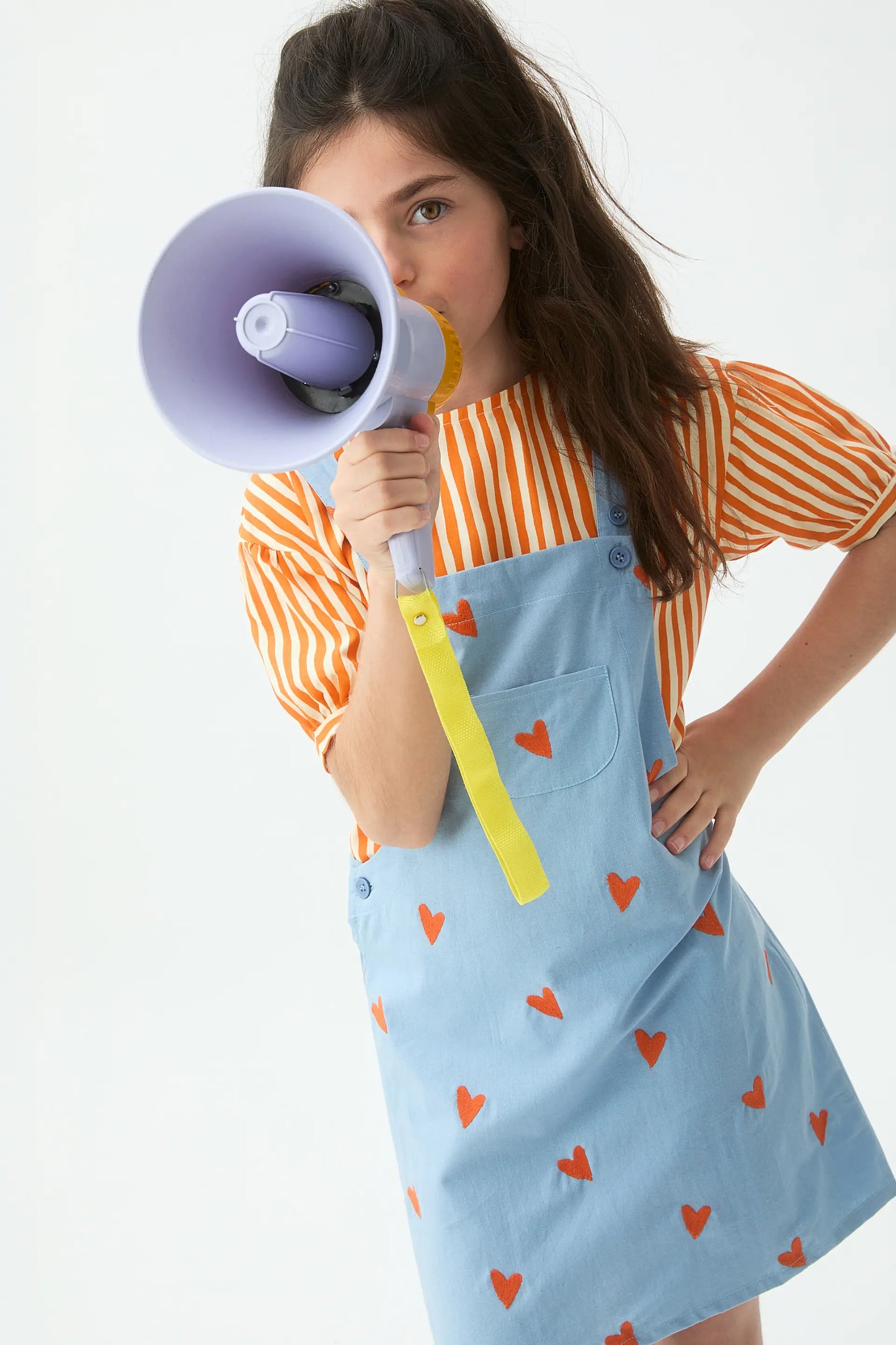 Girls' pinafore dress, 100% cotton, with Hearts print