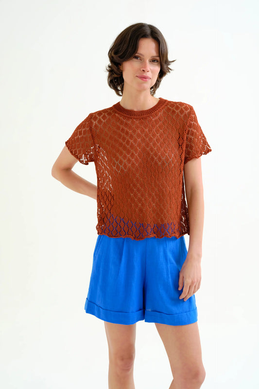 Brown openwork knit top with diamond pattern