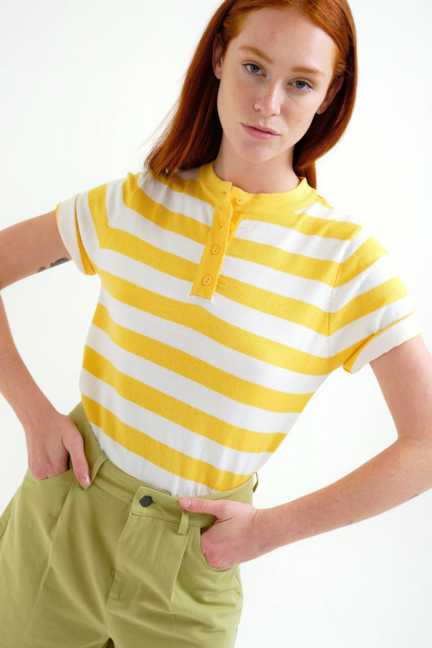 Top with white and yellow striped print