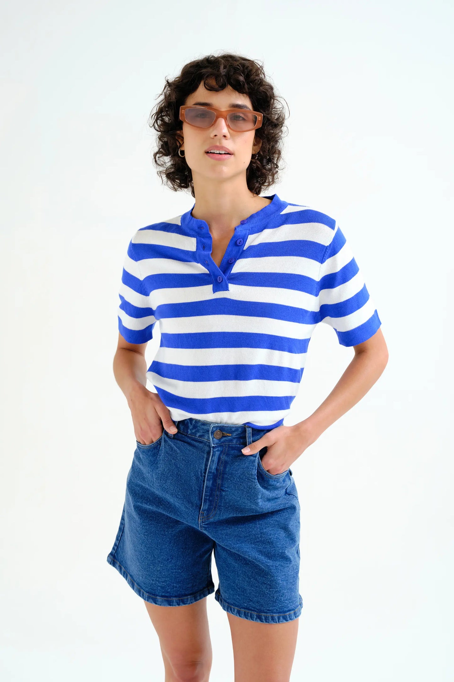 Top with white and blue striped print