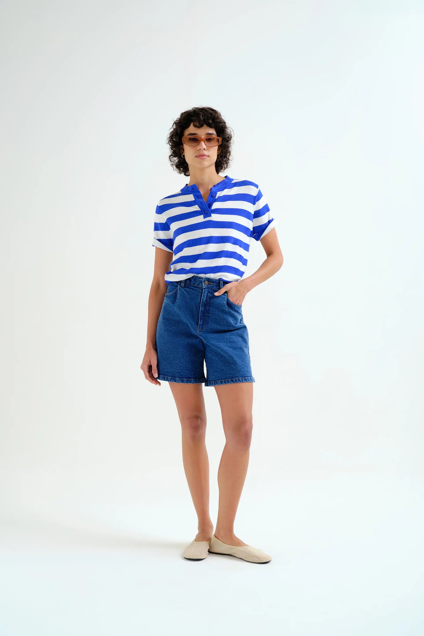 Top with white and blue striped print