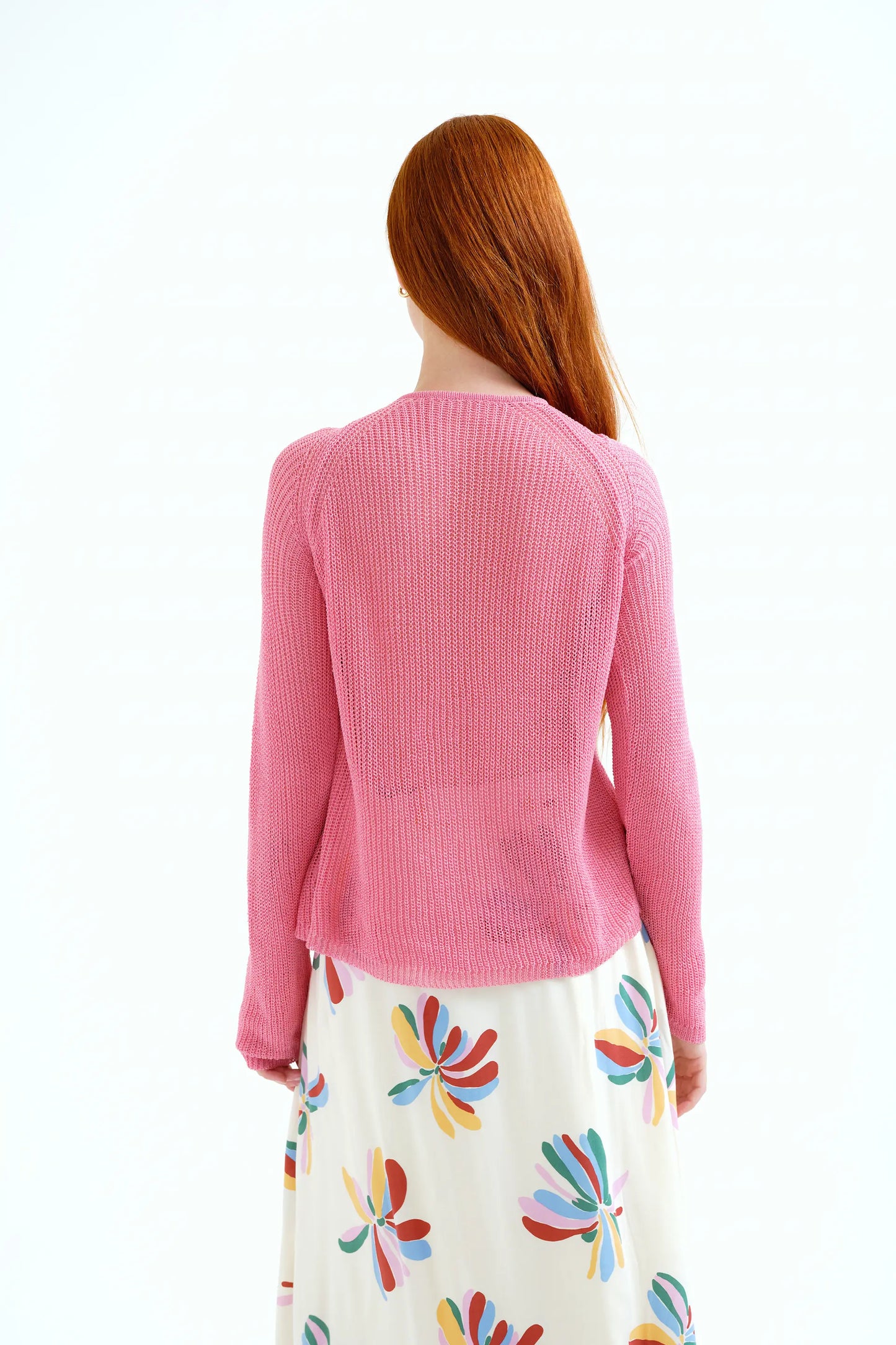 pink openwork knit sweater